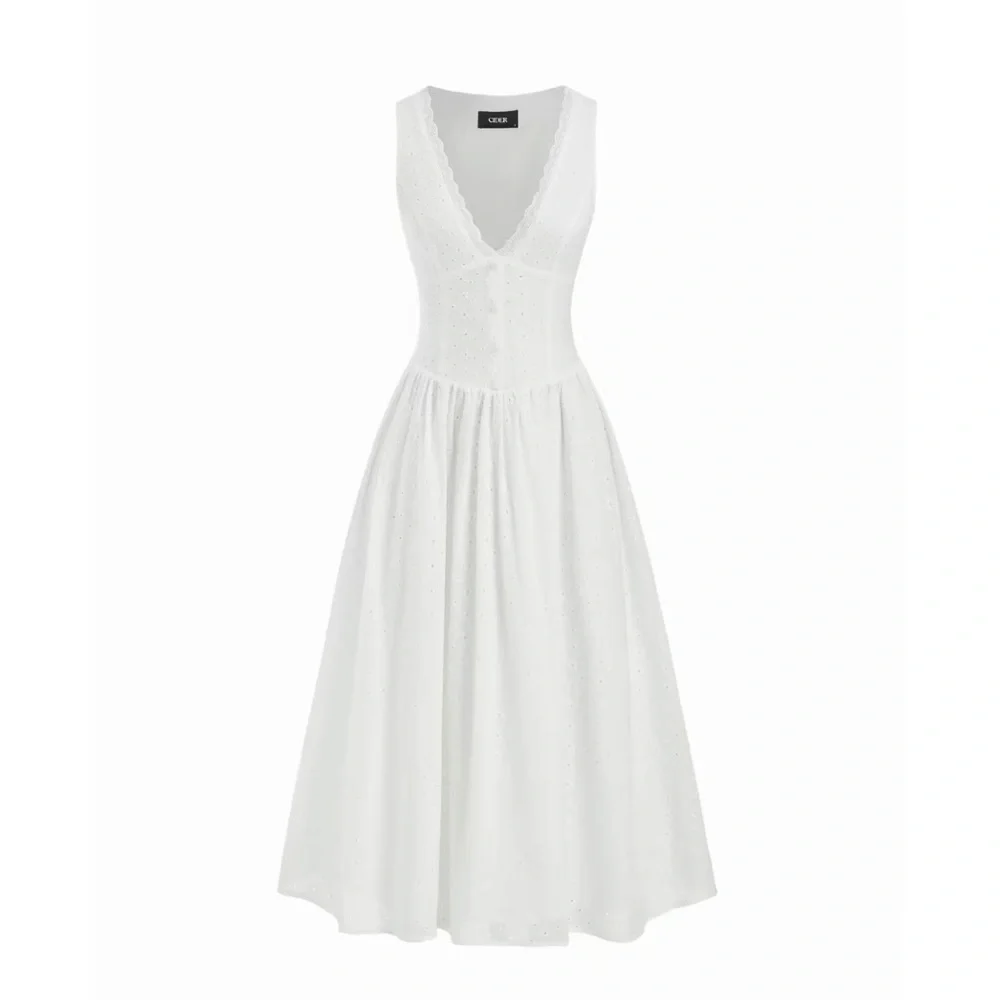Cider Cotton V Neck Broderie Anglaise Floral Lace trim Midi dress XXS - Picture 1 of 4